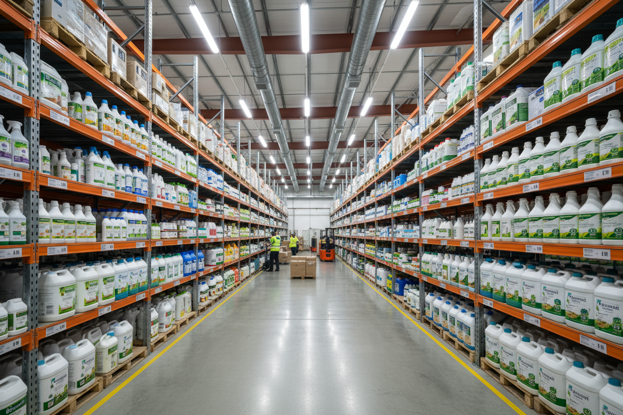 almacen con estanterias y botellas de abonos y fitosanitarios