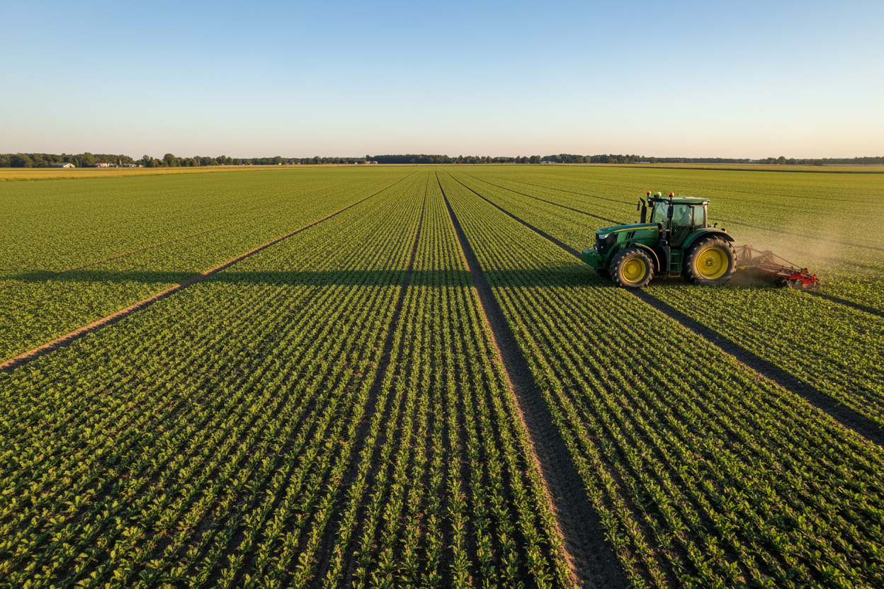 un campo extenso con un tractor verde circulando hacia la izquierda colocado a la derecha 